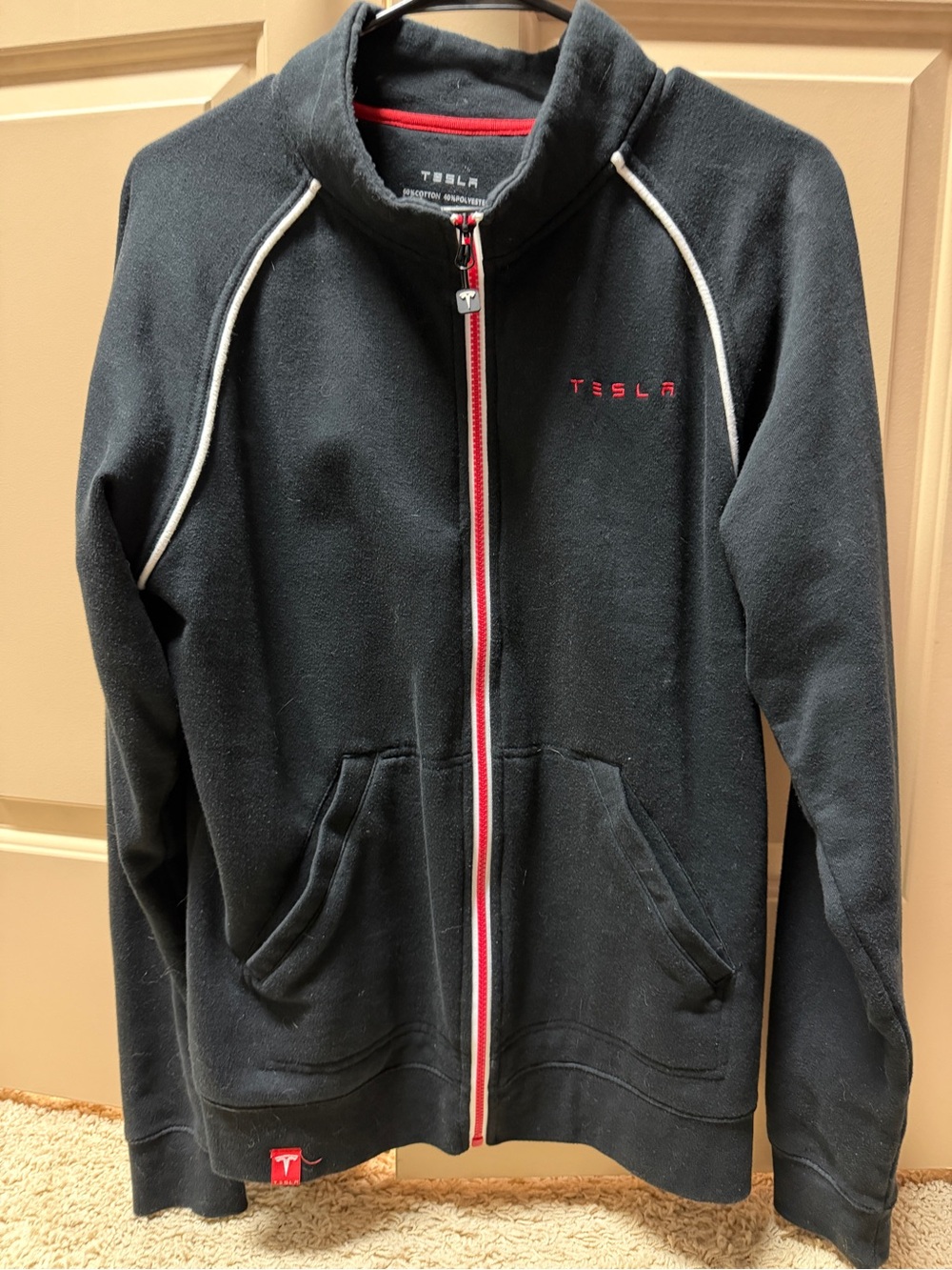 Tesla Black Jacket with Red Accents and White Logo